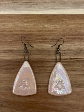 Handmade Iridescent Clay Bee Earrings | Blush Neutral Boho Dangle Artisan Style
